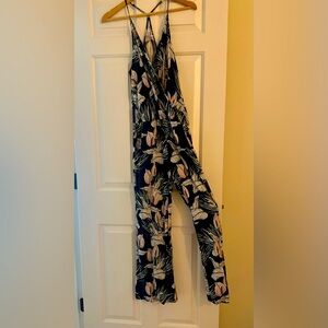 On the Road Navy Blue & Floral print jumpsuit - medium- adjustable straps